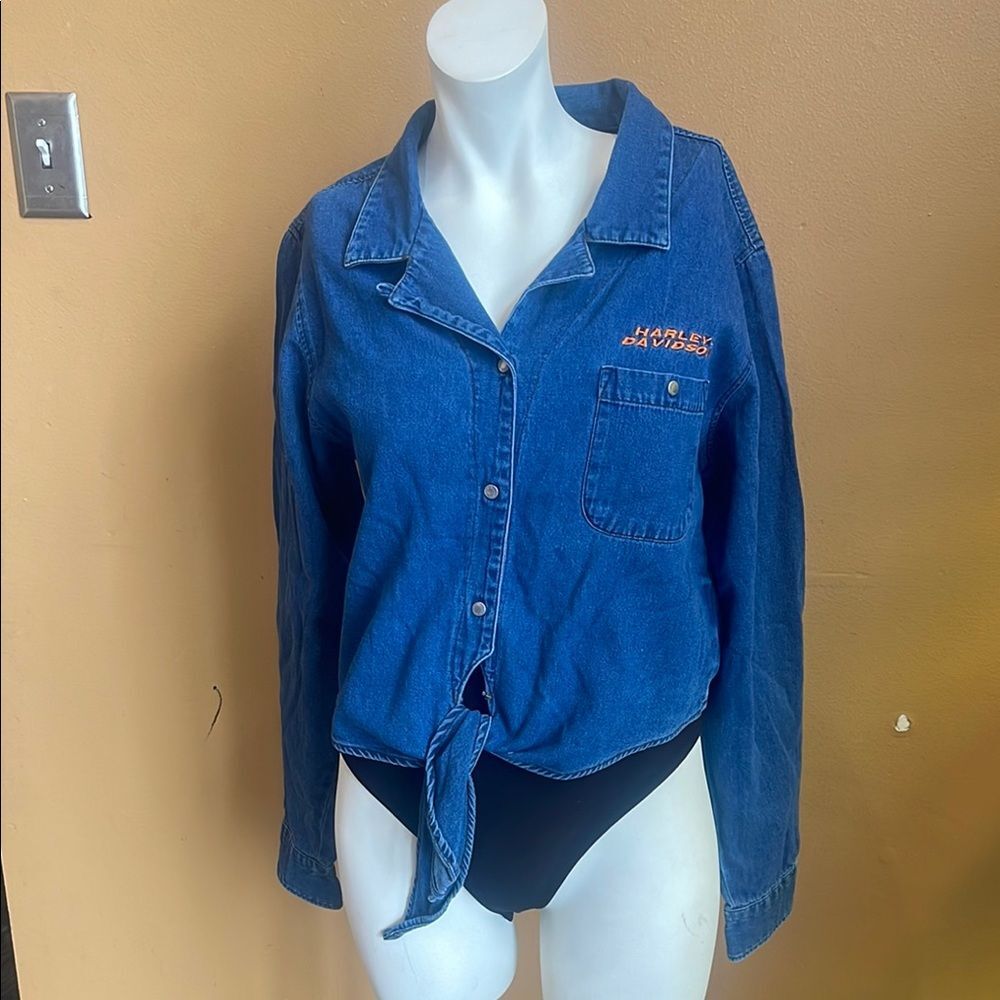 Vtg Harley-Davidson Women's Denim Crop Tie Waist Snap Front Top Sz L